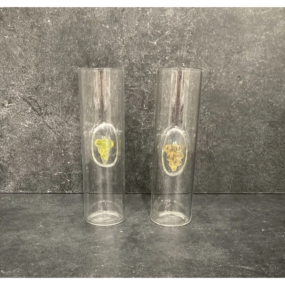 2 Hand Blown Glass Shot Glasses 3-D Glass Yellow Grapes Vintage